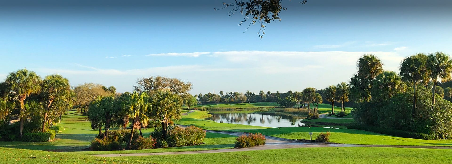 Tranquil lake inside one of Boca West's golf courses with palm trees and bushes surrounding it