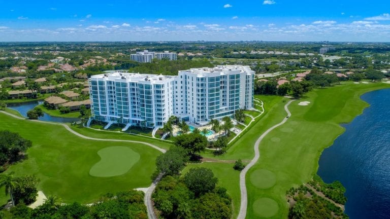 Aerial shot of Akoya Boca West condominium building