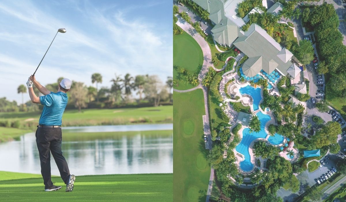 golf swing on boca west golf course and aerial shot of pool