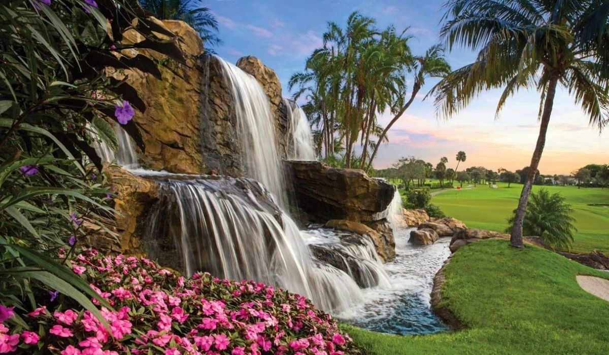 waterfall closeup on boca west Fazio golf course