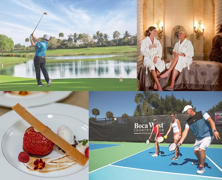 four images showing boca west golf, spa, dining, and tennis courts