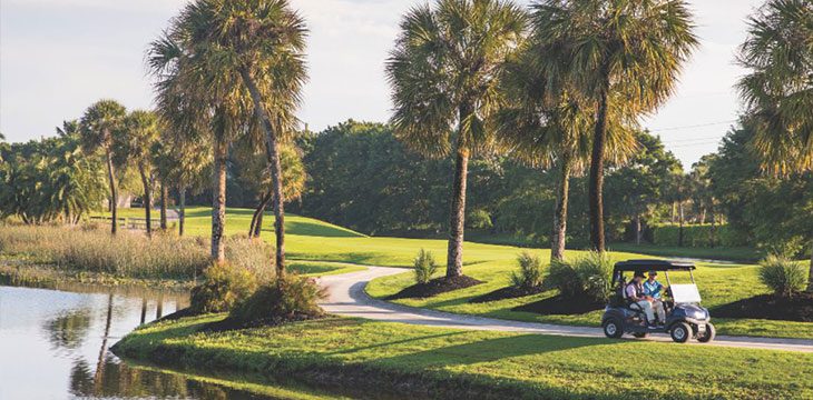 Director of golf on golf cart on course