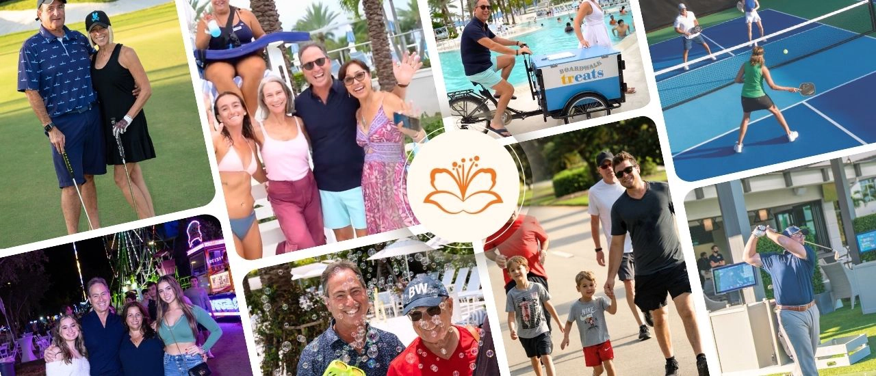 Collage of people enjoying golf, poolside activities, pickleball, dining, and club events at Boca West Country Club.