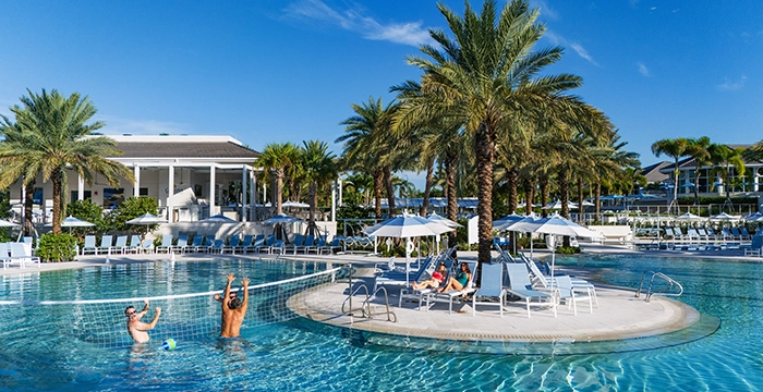 People enjoying a large resort-style pool surrounded by palm trees and lounge chairs.