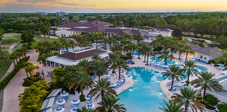 Aerial view of Boca West Country Club pools and grounds