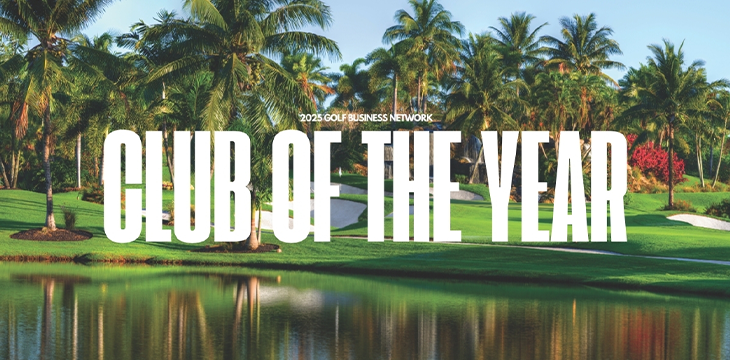 Tropical golf course with palm trees and lake, large text overlay reading Club of the Year.