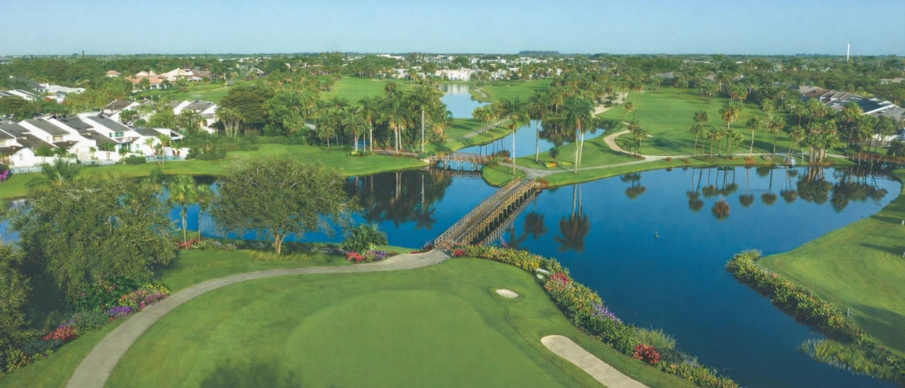 Golf course green surrounded by palm trees and fairway