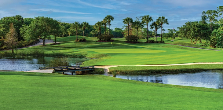 Golf green with a small bridge crossing a waterway.