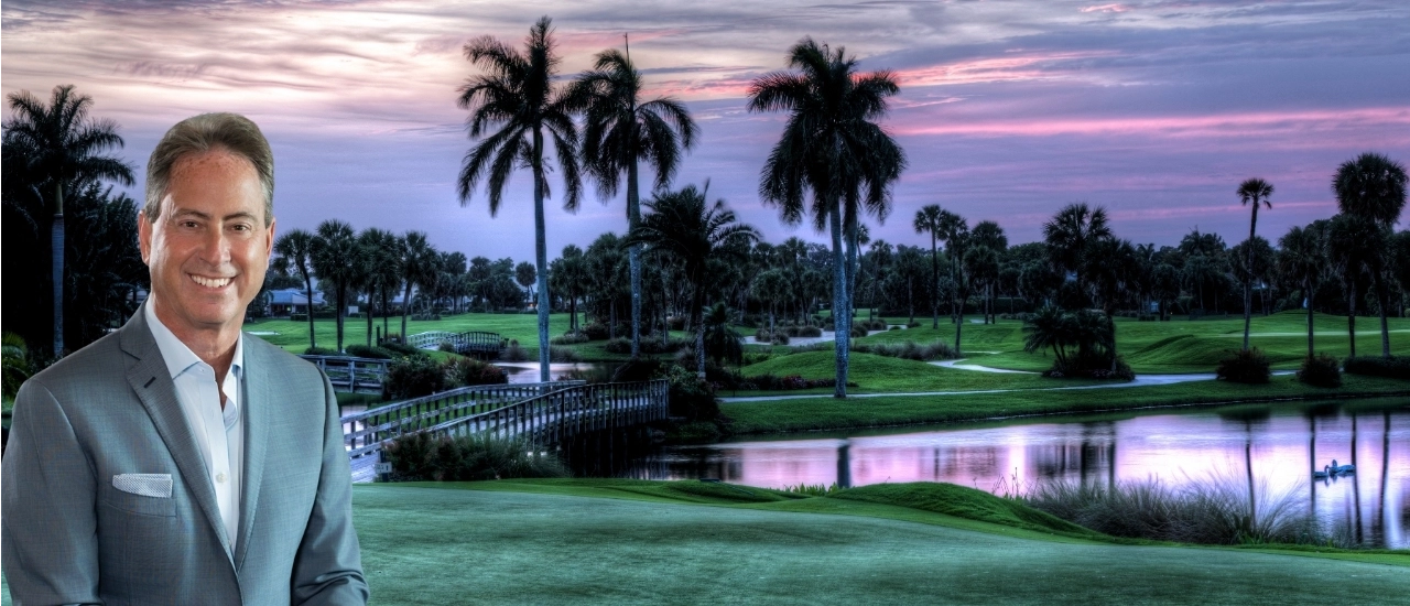 Matthew Linderman in front of golf course with palm trees at sunset