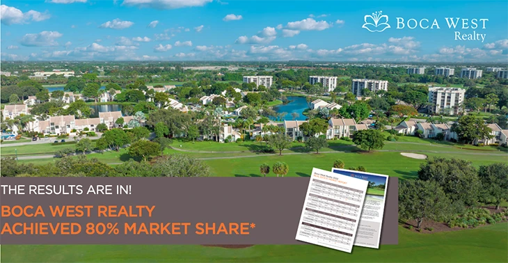 Promotional Boca West Realty graphic showing aerial community view and market share text.