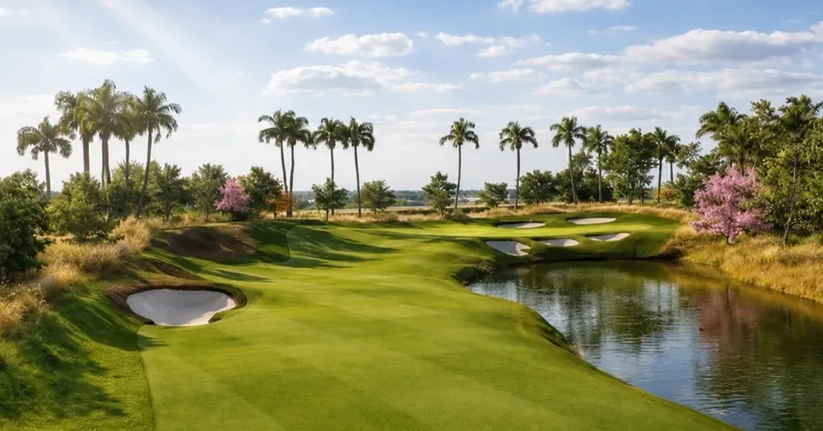 Lush tropical golf course featuring manicured greens, water hazards, palm trees and sand bunkers under a partly cloudy sky.