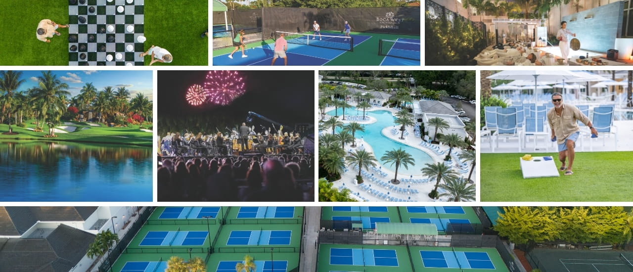 Luxury resort amenities showcase tennis courts, golf course, swimming pools, outdoor entertainment venues, and recreational activities for upscale living.