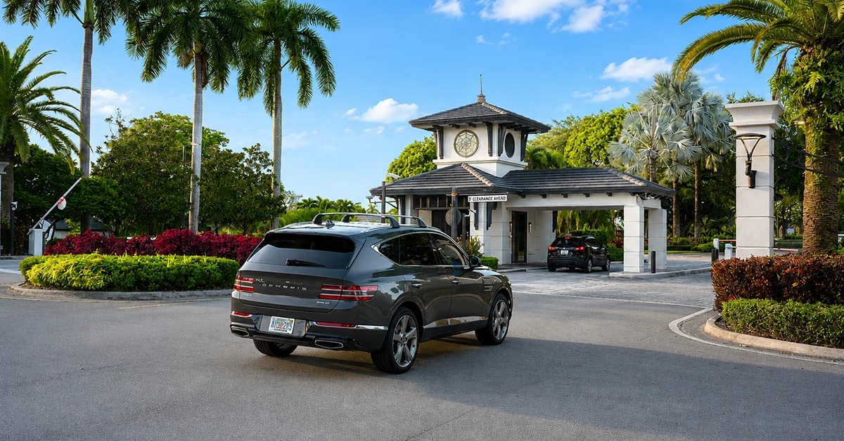 car driving up to entrance of boca west