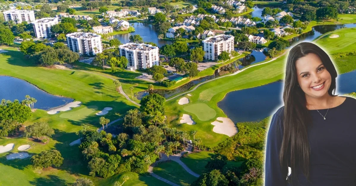 Aerial view of a lush golf course community with waterways and mid-rise condos, featuring a smiling real estate agent in the foreground.
