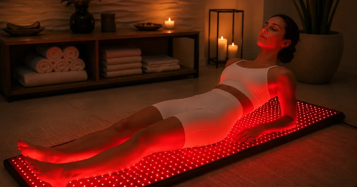 Woman relaxing on a glowing red light therapy mat in a serene, candlelit spa room with soft towels and warm ambient lighting.