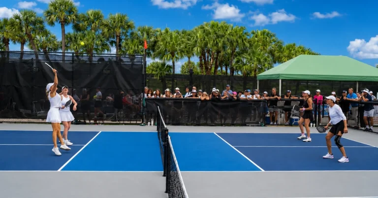 Members playing a doubles pickleball match on an outdoor court at Boca West.
